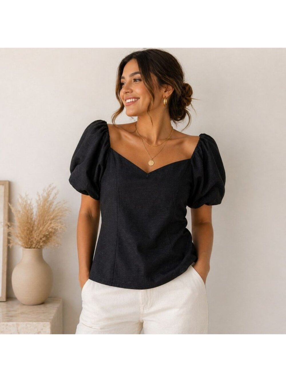 ELPIS Black Puff Sleeve Top M Structured Chic Blouse Statement Sleeve